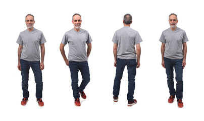 various poses the same middle-aged man dressed in a t-shirt, jeans and sneakers