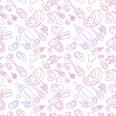 Meubelstickers purple doodle line babies and baby items seamless pattern on white background. vector abstract illustration. © Nattasid
