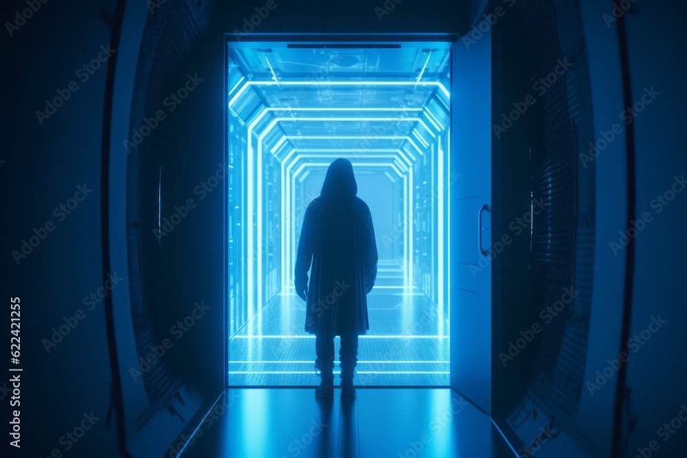 Poster Guardian of the Digital Realm: CGI Close-Up of a Hooded Figure in Front of a Closed Cyber Security Door in a Futuristic Cyberworld, Symbolizing Network Security and Safety