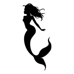 Vector illustration. Fish girl silhouette. Mermaid underwater. Fish tail. Fantasy. Set.