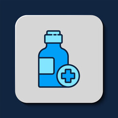 Filled outline Bottle of medicine syrup icon isolated on blue background. Vector