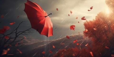 Red umbrella in the storm, Red Umbrella Flying through a Thunderstorm, Amidst Lightning, Stormy Winds, and Whirling Leaves