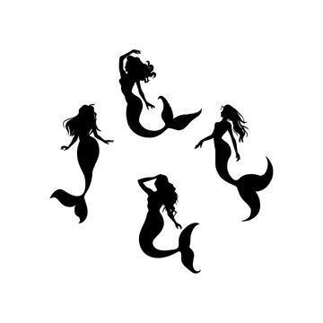 Vector illustration. Fish girl silhouette. Mermaid underwater. Fish tail. Fantasy. Set.