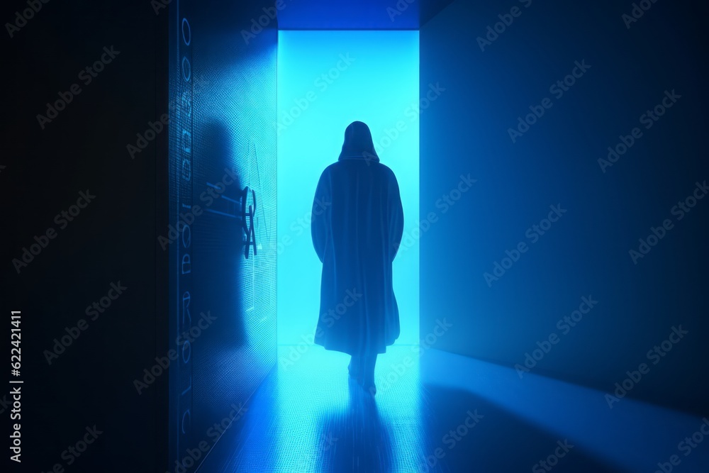 Poster Guardian of the Digital Realm: CGI Close-Up of a Hooded Figure in Front of a Closed Cyber Security Door in a Futuristic Cyberworld, Symbolizing Network Security and Safety