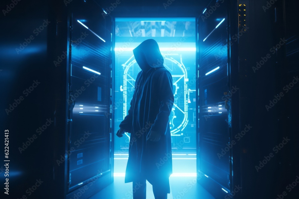 Poster Guardian of the Digital Realm: CGI Close-Up of a Hooded Figure in Front of a Closed Cyber Security Door in a Futuristic Cyberworld, Symbolizing Network Security and Safety