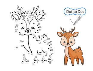Kids game Dot to dot. Activity education worksheet. Kids art game. Finish drawing image of cute deer. Children drawn riddle by numbers. Vector illustration.