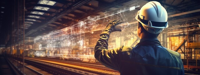 a worker in an a helmet and looking at a train track Generative Ai