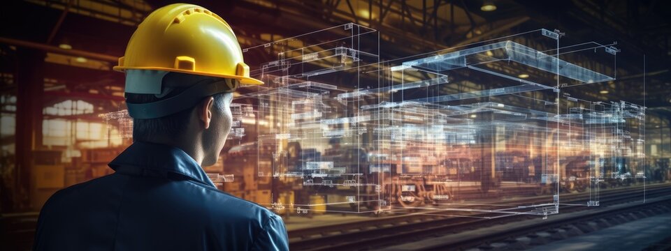 a man wearing a yellow hard hat wearing a safety helmet and holding up a tablet over a train track Generative AI