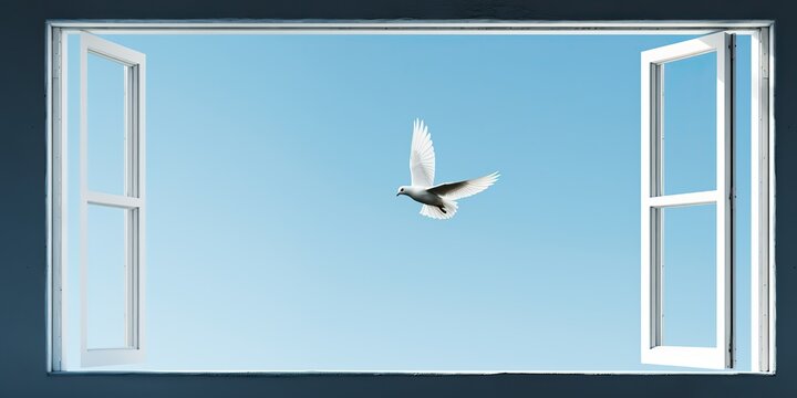 AI Generated. AI Generative. Wild open window with flying bird. Free freedom nature go away life vibe. Graphic Art