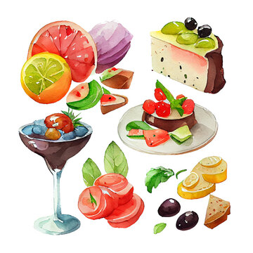 set of cakes and desserts. set of food. food and drinks. Watercolor drawings of delicious desserts.
