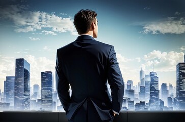 Contemplating the Urban Horizon: A Businessman's Perspective - obrazy, fototapety, plakaty