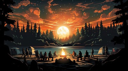 People gathered around a campfire at night with surrounding trees. (Generative AI)