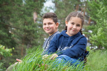 Naklejka na ściany i meble In summer, a brother and sister sit on the grass in the forest.