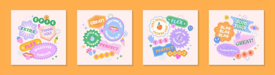 Vector set of cute templates with patches and stickers in 90s style.Modern symbols in y2k aesthetic with text.Trendy funky designs for banners,social media marketing,branding,packaging,covers