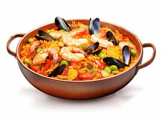 Illustration of a traditional Spanish seafood paella rice dish in a pot, ai generated
