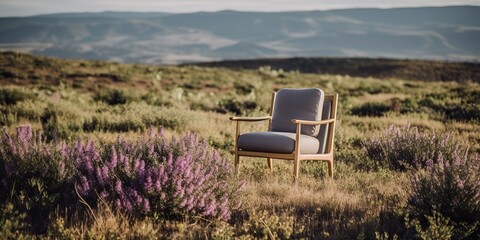 AI Generated. AI Generative. COzy wooden arm chair cozy on the nature outdoor wild field. Vacation relax vibe. Graphic Art