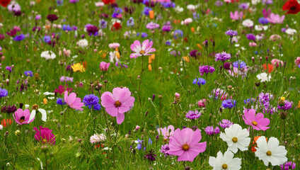 Wild flower field in the summer sunshine with vibrant coloured petals and flower heads of various mixed species.