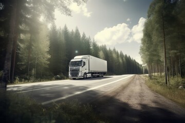 truck on the road, Photographic CGI of a White Drone Carrying a Package, Speeding Over a Highway with Trucks, Connecting Urban and Rural Landscapes Amidst a Summer Forest