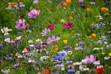 Wild flower field in the summer sunshine with vibrant coloured petals and flower heads of various mixed species.