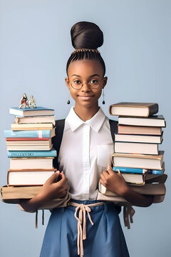 African american schoolgirl with books on gray background, Generative AI