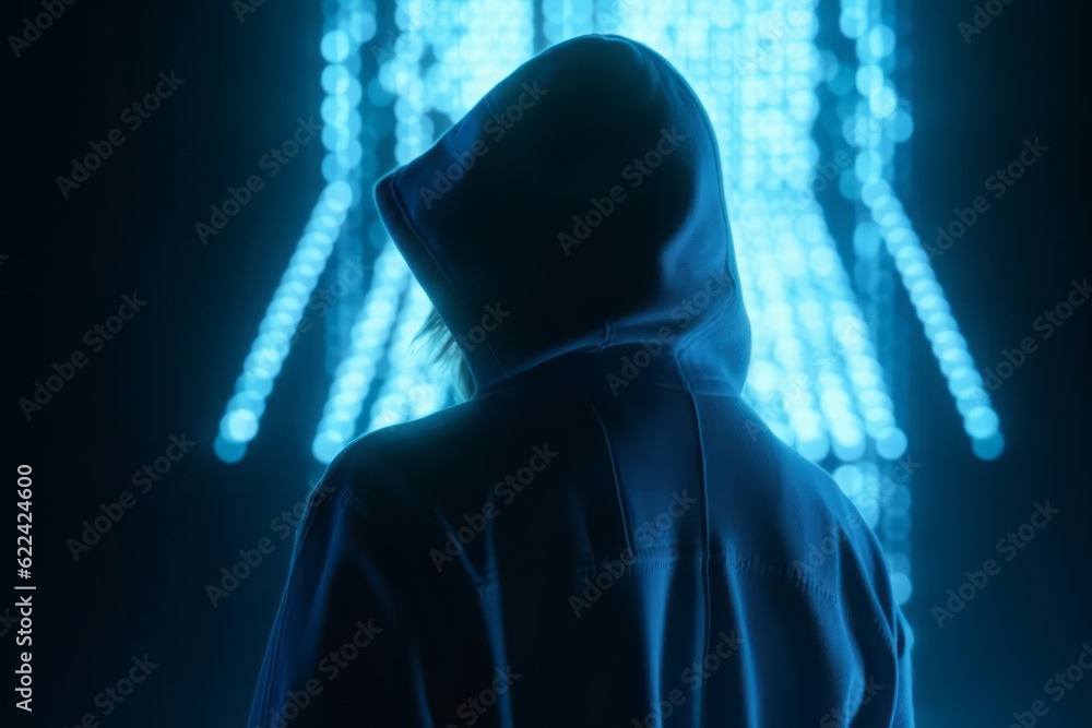 Poster guardian of the digital realm: cgi close-up of a hooded figure in front of a closed cyber security d