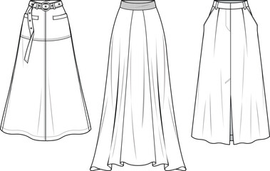Women Full length Skirt flat sketch illustration, Set of womens long  skirt for formal wear and casual wear fashion illustration template mock up