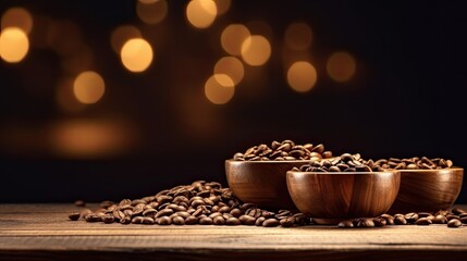Roasted coffee beans in wooden bowl on wooden table with bokeh background
