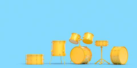 Set of drums and drumset with metal cymbals on blue background