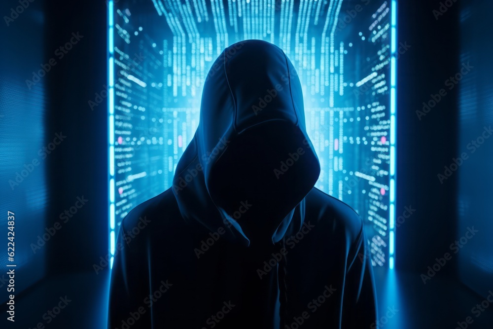 Poster guardian of the digital realm: cgi close-up of a hooded figure in front of a closed cyber security d