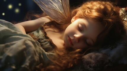 Fairy girl sleeping in bed. genarative AI.