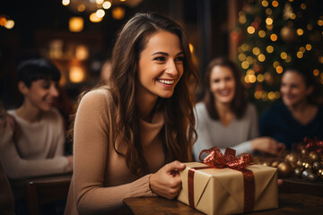 Obraz na płótnie Canvas Happy woman opening gifts at Christmas