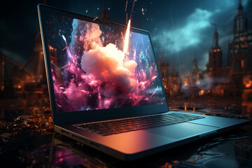 Rocket launch out of a laptop blue pink neon