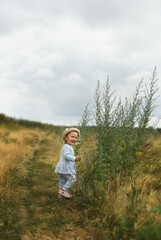 Naklejka na ściany i meble Little beautiful girl is walking in the field. Summer walks in the fields with flowers