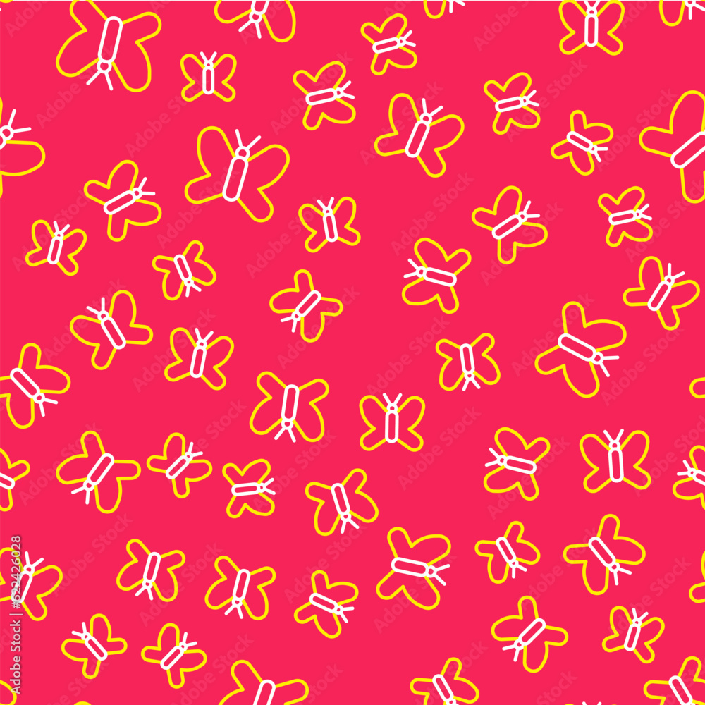 Poster line butterfly icon isolated seamless pattern on red background. vector