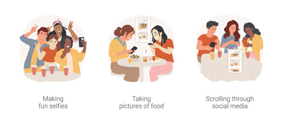 Teenagers and social media isolated cartoon vector illustration set. Diverse teens making fun selfies, taking pictures of food, scrolling through social media, smartphone addiction vector cartoon.