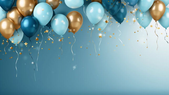 Fototapeta Sky blue and gold balloons on white background