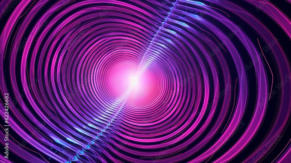 Poster graphic design art of abstract illusion of spiral with geometric shapes of pink and violet neon line