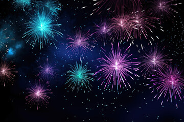 Fototapeta premium Colorful Fireworks by Night, Celebrate Happy New Year, New Years Eve Wallpaper - Generative Ai