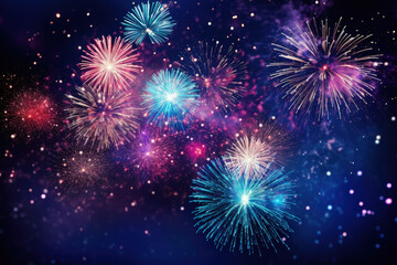 Fototapeta na wymiar Colorful Fireworks by Night, Celebrate Happy New Year, New Years Eve Wallpaper - Generative Ai
