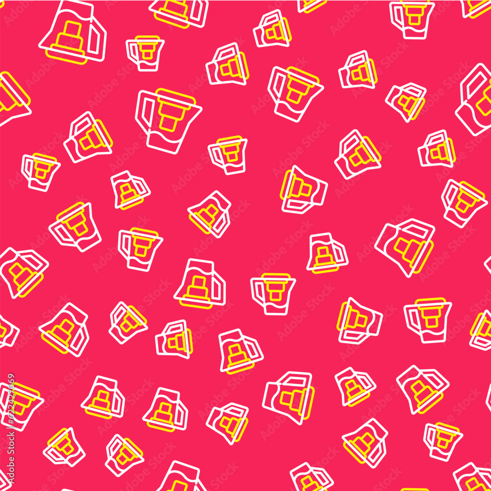 Poster line water jug with a filter icon isolated seamless pattern on red background. vector