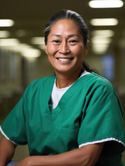 Native American Indian nurse in green scrubs working in a hospital