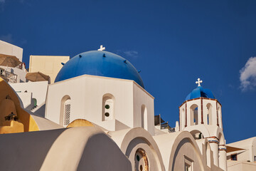 The Famous Blue Domed Church Santorini with Caldera View - Oia Village, Santorini Island, Greece
