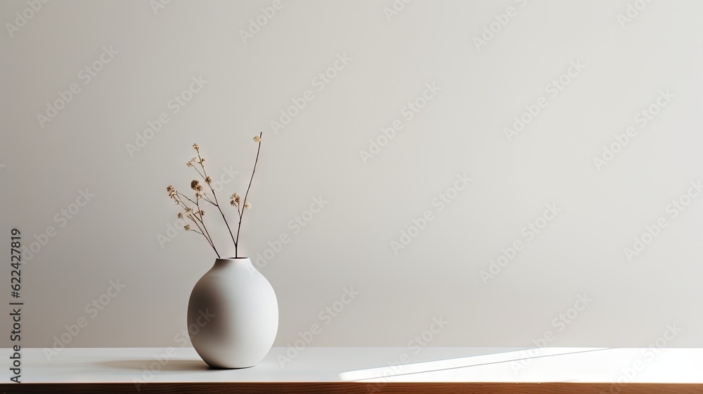 Poster a white vase sitting on top of a table next to a window. generative ai