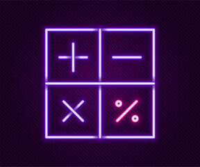 Glowing neon line Calculator icon isolated on black background. Accounting symbol. Business calculations mathematics education and finance. Colorful outline concept. Vector