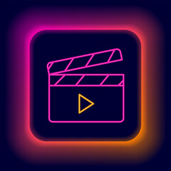 Glowing neon line Movie clapper icon isolated on black background. Film clapper board. Clapperboard sign. Cinema production or media industry. Colorful outline concept. Vector