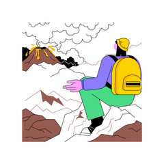 Climb a volcano isolated cartoon vector illustrations. Girl watching a volcanic eruption, tourism business, adventure tour guide, people traveling and mountaineering vector cartoon.