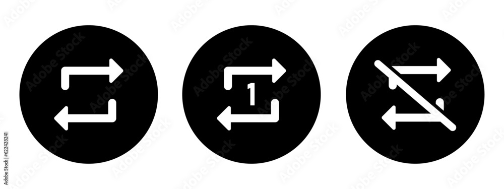 Poster repeat, replay, next song and don't repeat song icons. repeat music button icon vector for media pla