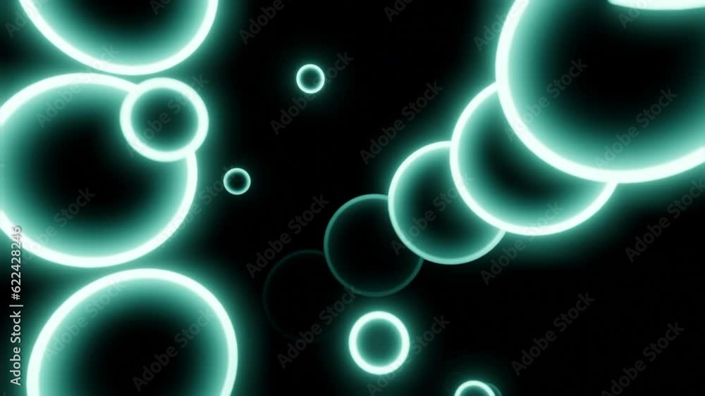 Poster neon 3d balls move in spiral in space. design. glowing rings with the shape of 3d ball on black back