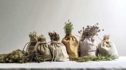  a bunch of bags filled with plants sitting on a table.  generative ai