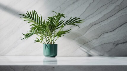  a green plant in a blue vase on a marble counter.  generative ai